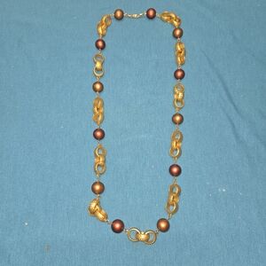 Vintage Signed Napier Hammered Necklace- Goldtone Links With Red & Orange Beads
